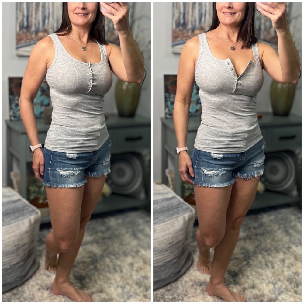 Ribbed Henley Button Summer Tank Top Light Gray 1822